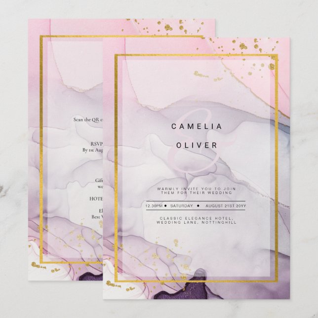 LeahG Pink Purple Lavender Gold INK Wedding INVITE (Front/Back)