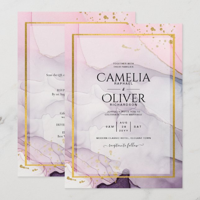 LeahG Pink Purple Lavender Gold INK Wedding INVITE (Front/Back)