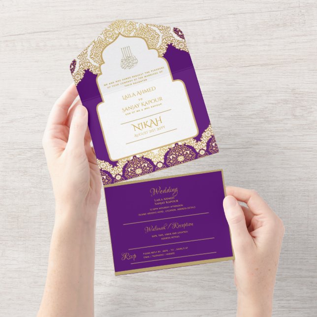 LeahG Purple Gold Islamic Muslim Wedding Nikah All In One Invitation (Tearaway)
