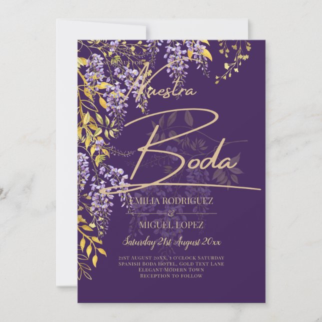 LeahG Purple Gold WISTERIA Floral Wedding INVITE (Front)