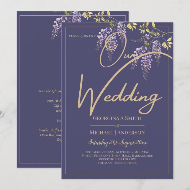 LeahG Purple Gold WISTERIA Floral Wedding INVITE (Front/Back)