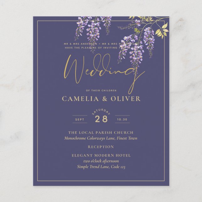 LeahG Purple Gold WISTERIA Floral Wedding INVITE Flyer (Front)