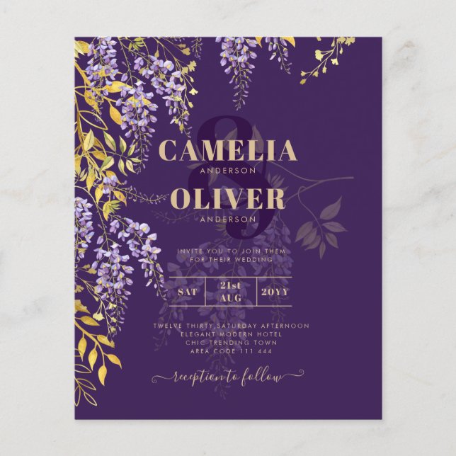 LeahG Purple Gold WISTERIA Floral Wedding INVITE Flyer (Front)