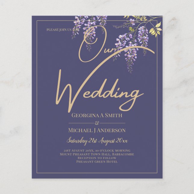 LeahG Purple Gold WISTERIA Floral Wedding INVITE Flyer (Front)