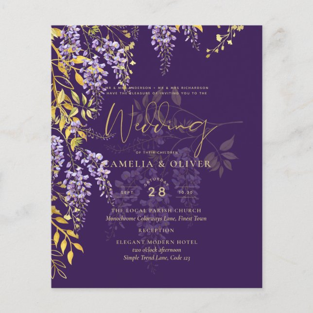 LeahG Purple Gold WISTERIA Floral Wedding INVITE Flyer (Front)