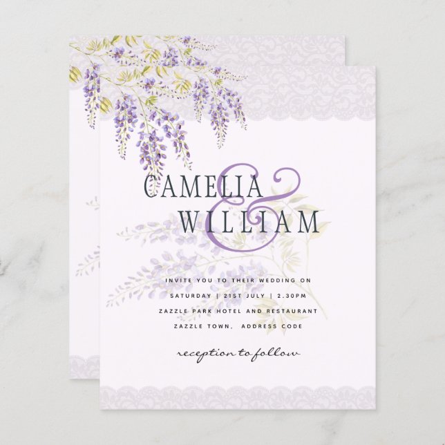 LeahG Purple WISTERIA Lace Floral Wedding INVITE (Front/Back)