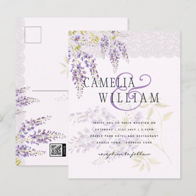 LeahG Purple WISTERIA Lace Floral Wedding INVITE Postcard (Front/Back)