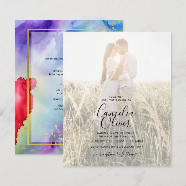 LeahG Rainbow Pride Alcohol INK Wedding Invite (Front/Back)
