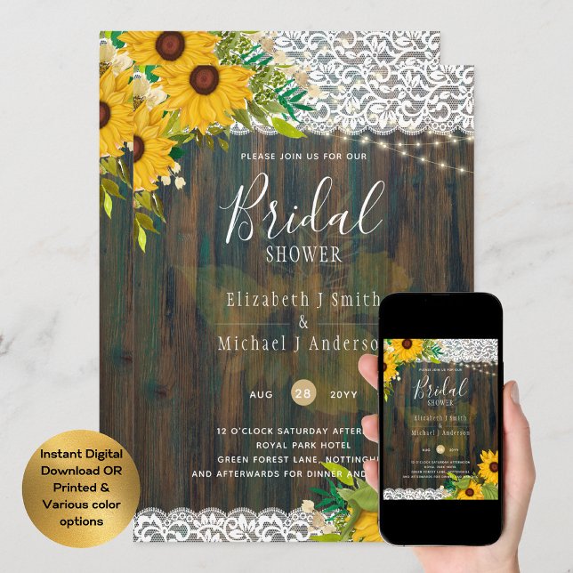 LeahG Rustic Sunflowers Lace Lights Bridal Shower Invitation (Creator Uploaded)