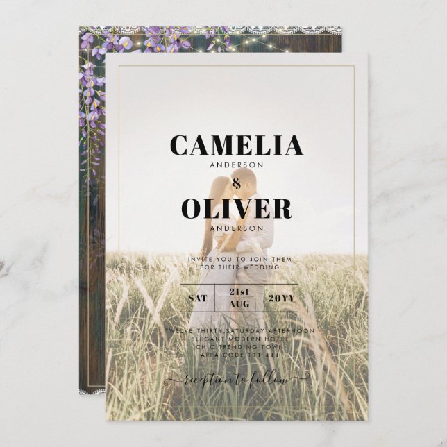 LeahG Rustic WISTERIA Lace Floral Wedding INVITE (Front/Back)