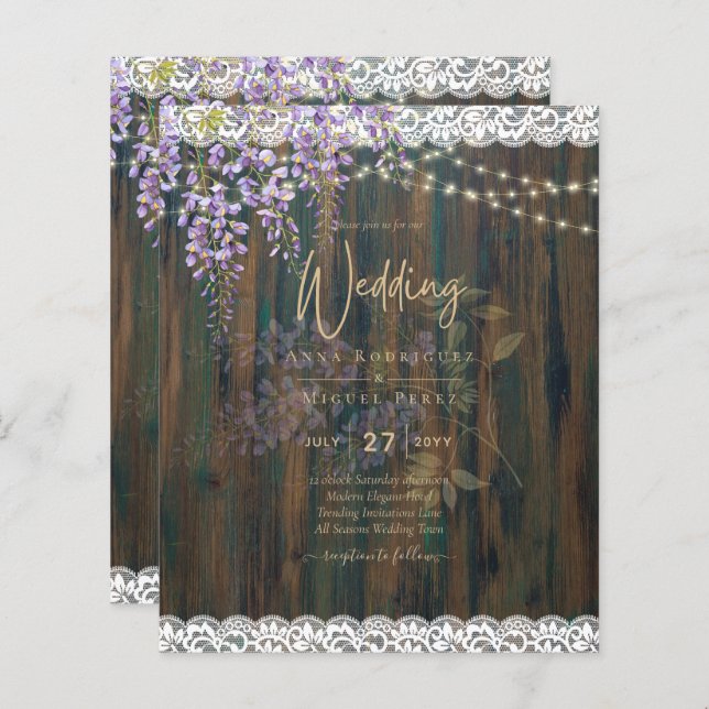 LeahG Rustic WISTERIA Lace Floral Wedding INVITE (Front/Back)