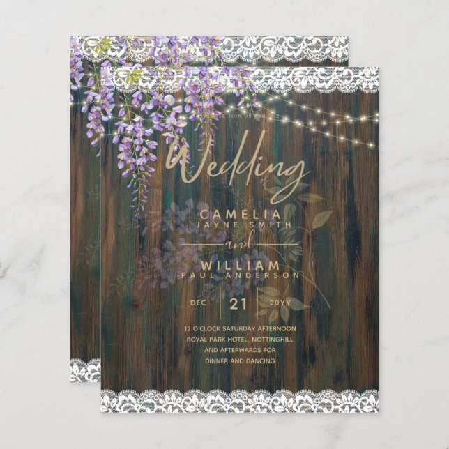 LeahG Rustic WISTERIA Lace Floral Wedding INVITE (Front/Back)