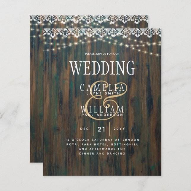 LeahG Rustic Wood Lace Lights Wedding Invite (Front/Back)