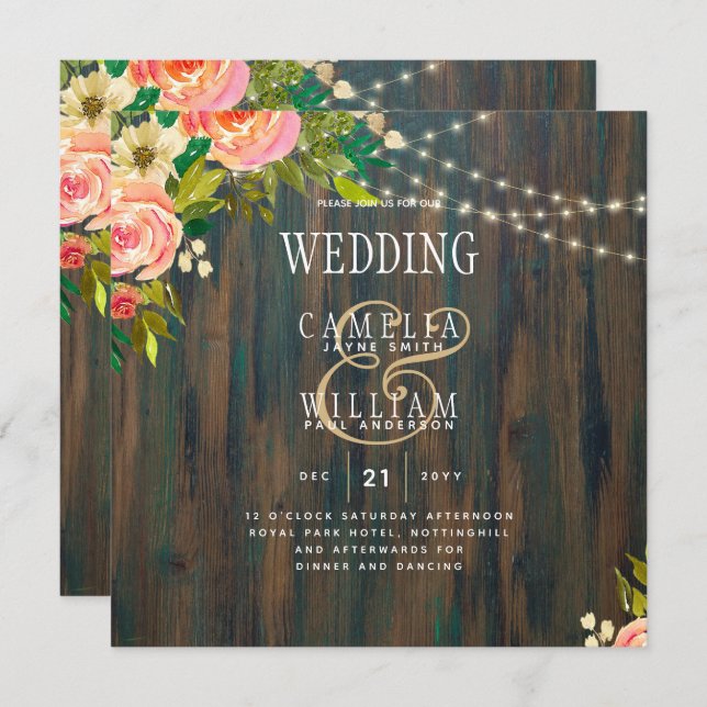 LeahG Rustic Wood Peach Coral Floral Wedding (Front/Back)