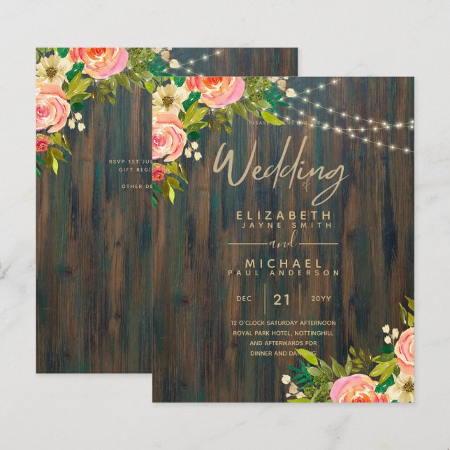 LeahG Rustic Wood Peach Coral Floral Wedding (Front/Back)