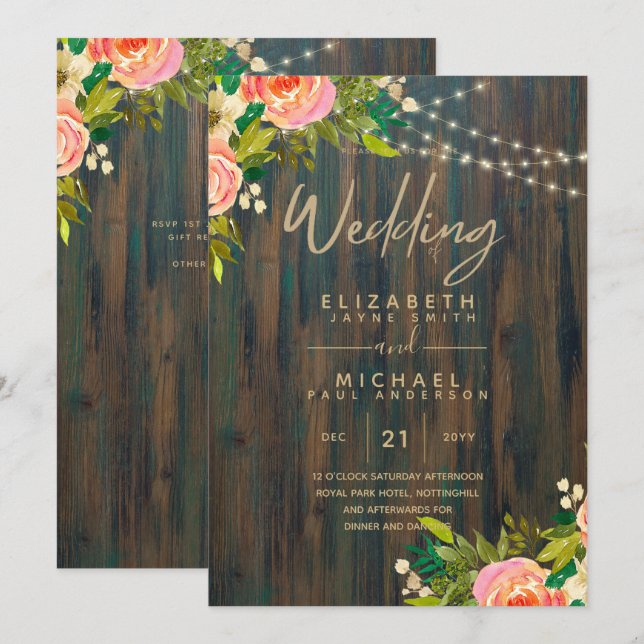 LeahG Rustic Wood Peach Coral Floral Wedding Invitation (Front/Back)