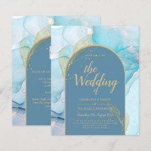 LeahG Sea Glass Gold Ink Aqua Blue Wedding INVITE