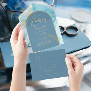 LeahG Sea Glass Gold Ink Aqua Blue Wedding INVITE