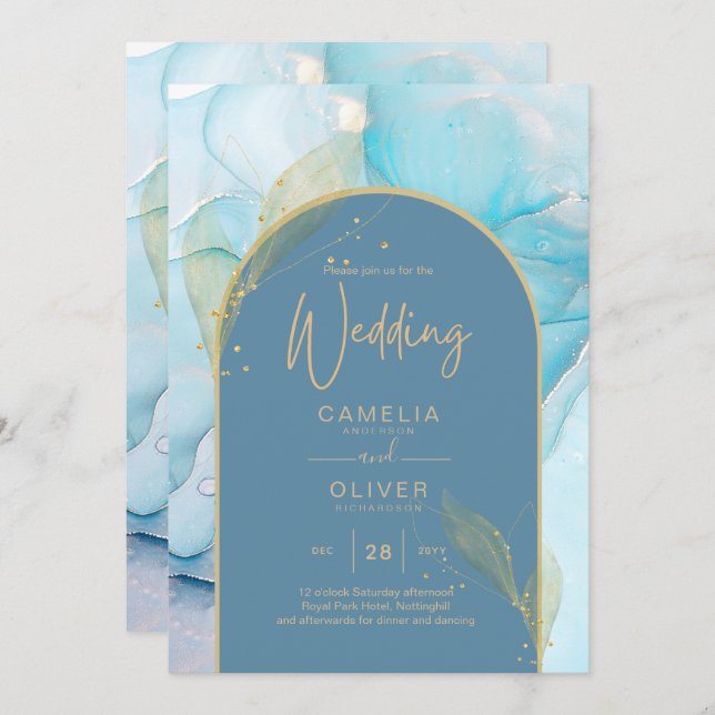 LeahG Sea Glass Gold Ink Aqua Blue Wedding INVITE (Front/Back)