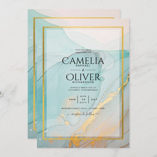 LeahG Sea Glass Teal Gold INK Wedding INVITE (Front/Back)