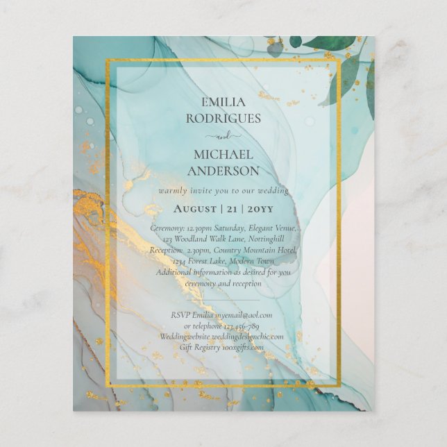 LeahG Sea Glass Teal Gold INK Wedding INVITE Flyer (Back)