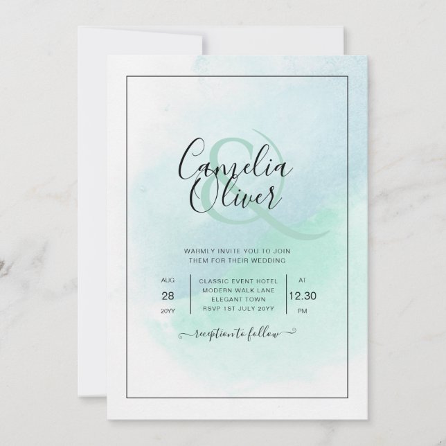 LeahG Sea Glass Turquoise Teal Blue Wedding INVITE (Front)