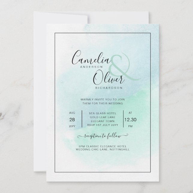 LeahG Sea Glass Turquoise Teal Blue Wedding INVITE (Front)