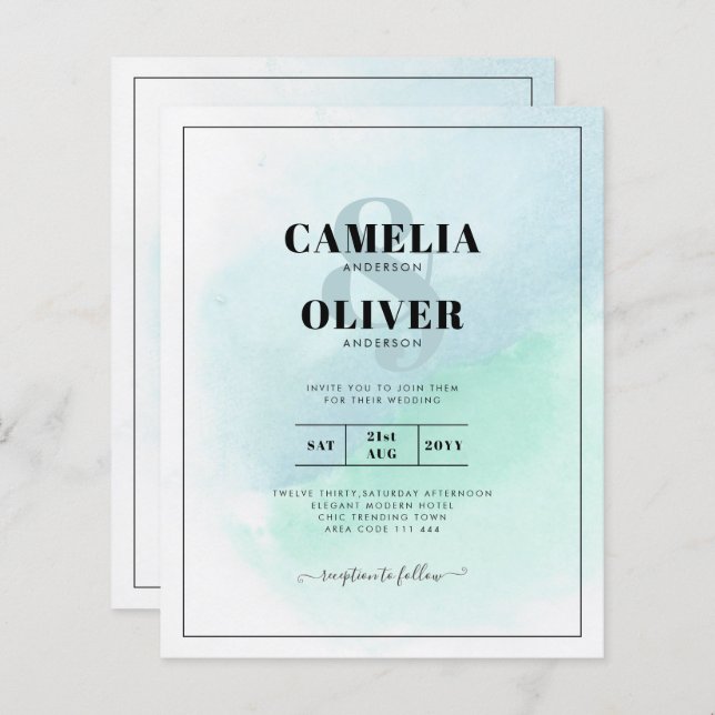 LeahG Sea Glass Turquoise Teal Blue Wedding INVITE (Front/Back)