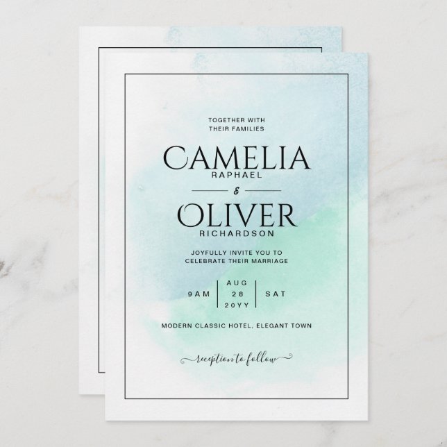 LeahG Sea Glass Turquoise Teal Blue Wedding INVITE (Front/Back)