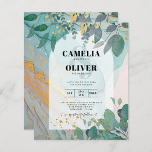 LeahG Seaglass Ink Teal Gold Greenery Wedding Inv