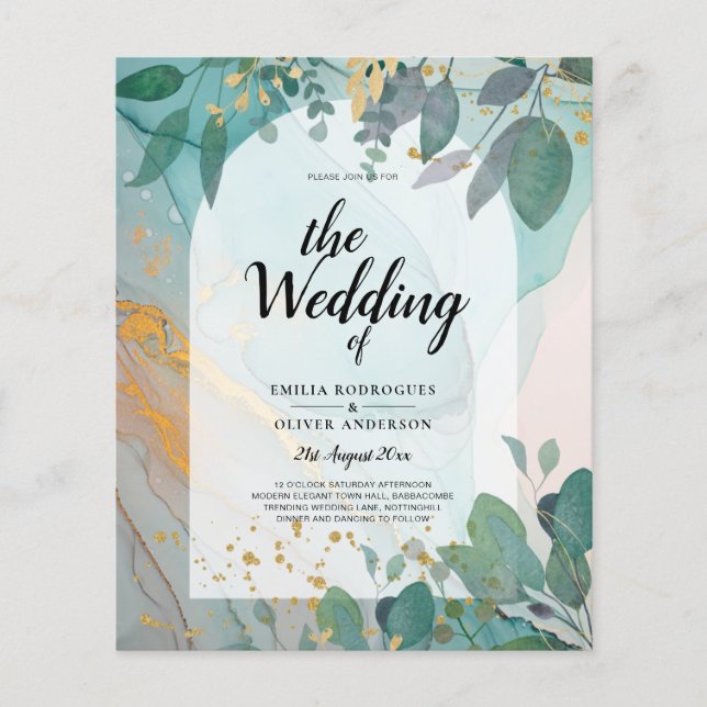 LeahG Seaglass Ink Teal Gold Greenery Wedding Inv Flyer (Front)