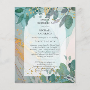 LeahG Seaglass Ink Teal Gold Greenery Wedding Inv Flyer
