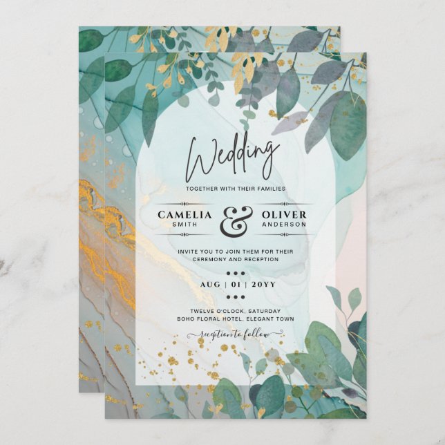 LeahG Seaglass Ink Teal Gold Greenery Wedding Inv Invitation (Front/Back)