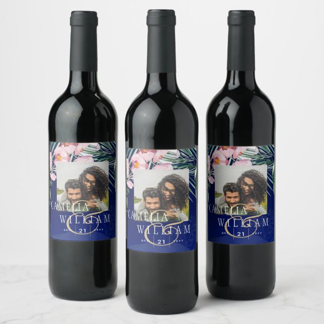 LeahG Tropical Blue Green Pink Floral Wedding Wine Label (Bottles)