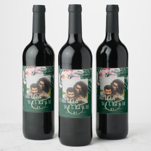 LeahG Tropical Green Pink Botanical Wedding Wine Label