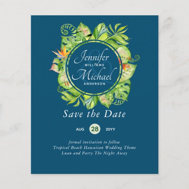 LeahG Tropical Leaves Beach Wedding Save the Date (Front)