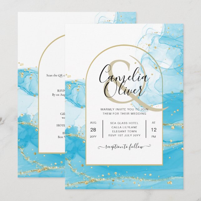 LeahG Turquoise Gold Aqua Blue Wedding INVITE (Front/Back)