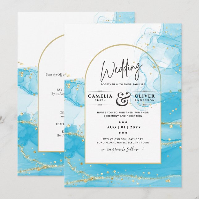 LeahG Turquoise Gold Aqua Blue Wedding INVITE (Front/Back)