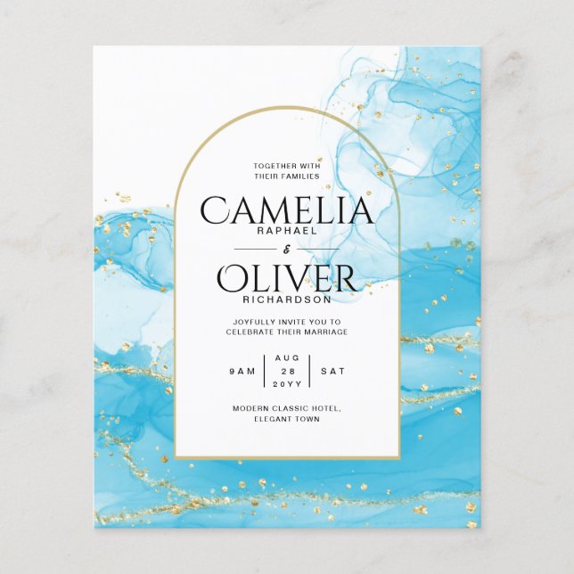 LeahG Turquoise Gold Aqua Blue Wedding INVITE Flyer (Front)