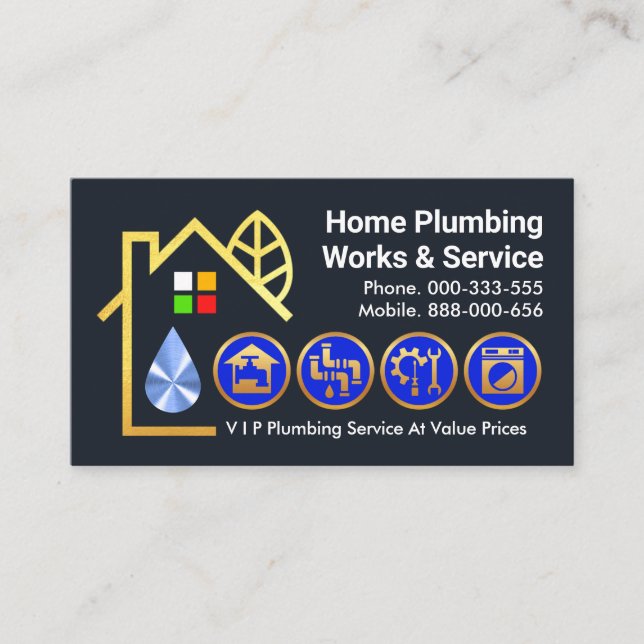 Leaking Home Gold Plumbing Icons Business Card (Front)