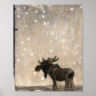 Leap The Elk In The Snow At Night - John Bauer Poster