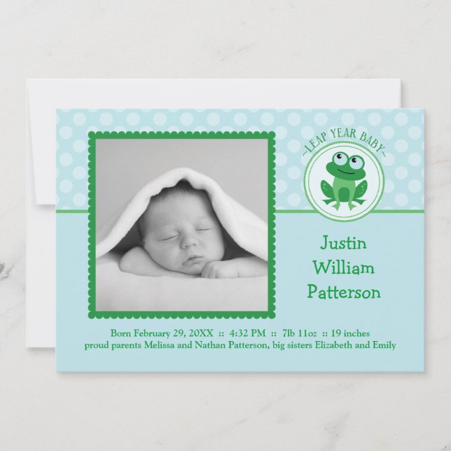 Leap Year Boy Photo Birth Announcement Invitation (Front)