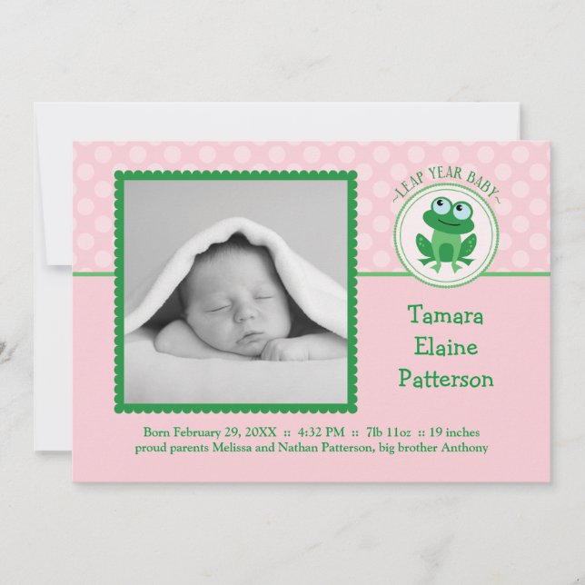 Leap Year Girl Photo Birth Announcement Invitation (Front)