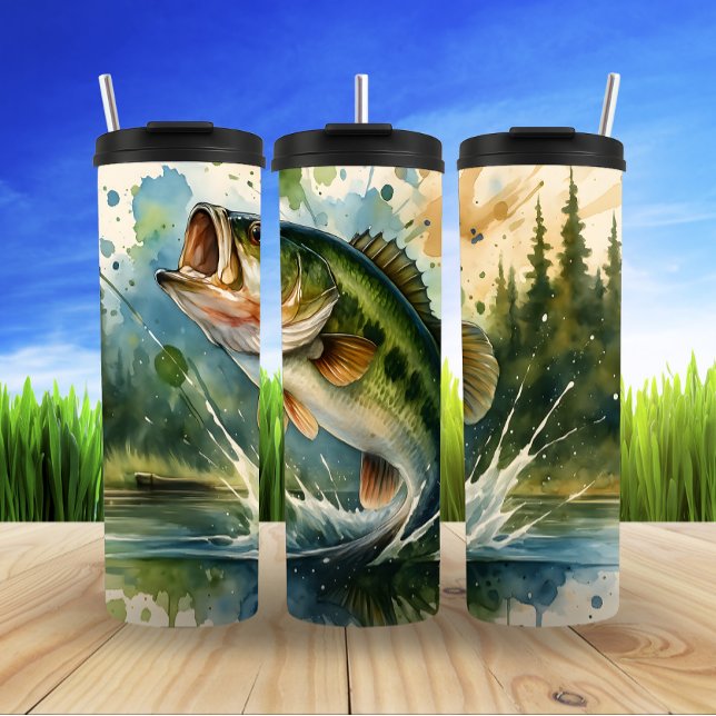 Leaping Bass, Watercolor Wilderness Thermal Tumbler (Creator Uploaded)