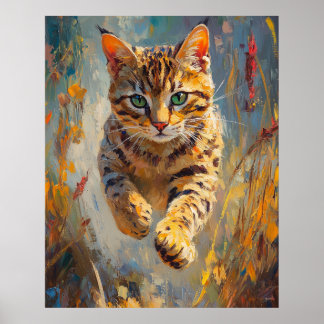 Leaping Bengal Cat Art Poster
