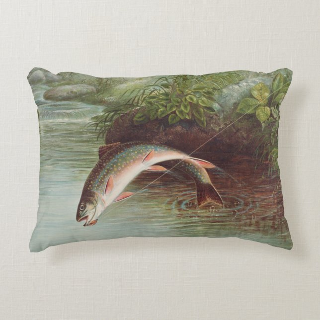 Leaping Brook Trout by Samuel Kilbourne (1874)  Decorative Cushion (Front)