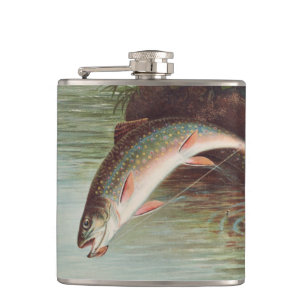 Leaping Brook Trout by Samuel Kilbourne (1874) Hip Flask