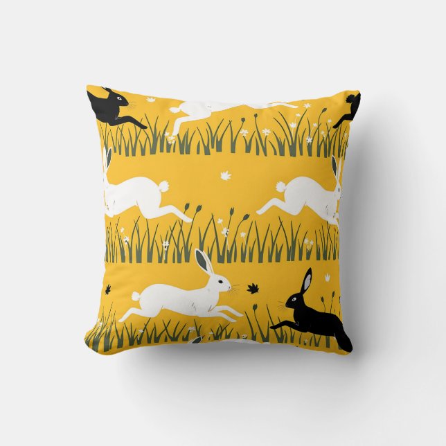 Leaping Bunny Mustard Meadow Pattern Cushion (Front)