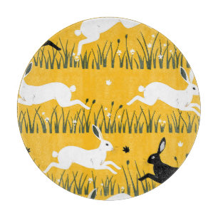 Leaping Bunny Mustard Meadow Pattern Cutting Board