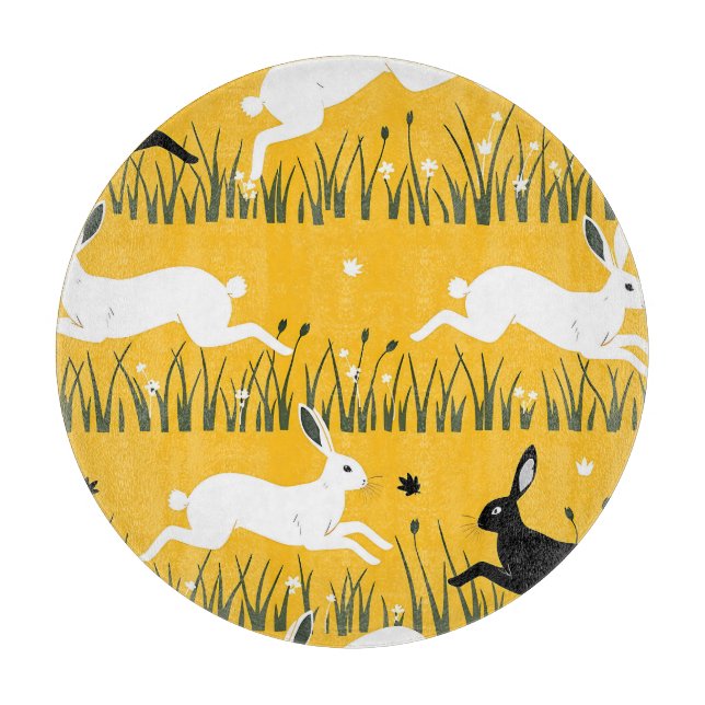 Leaping Bunny Mustard Meadow Pattern Cutting Board (Front)